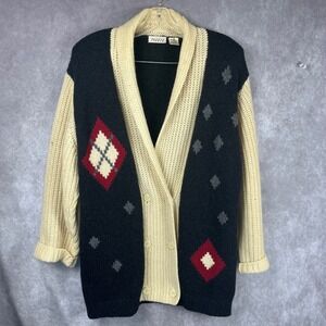 Vintage 100% Shetland Wool Cardigan Sweater M Tobria Argyle Oversized Knit Beige